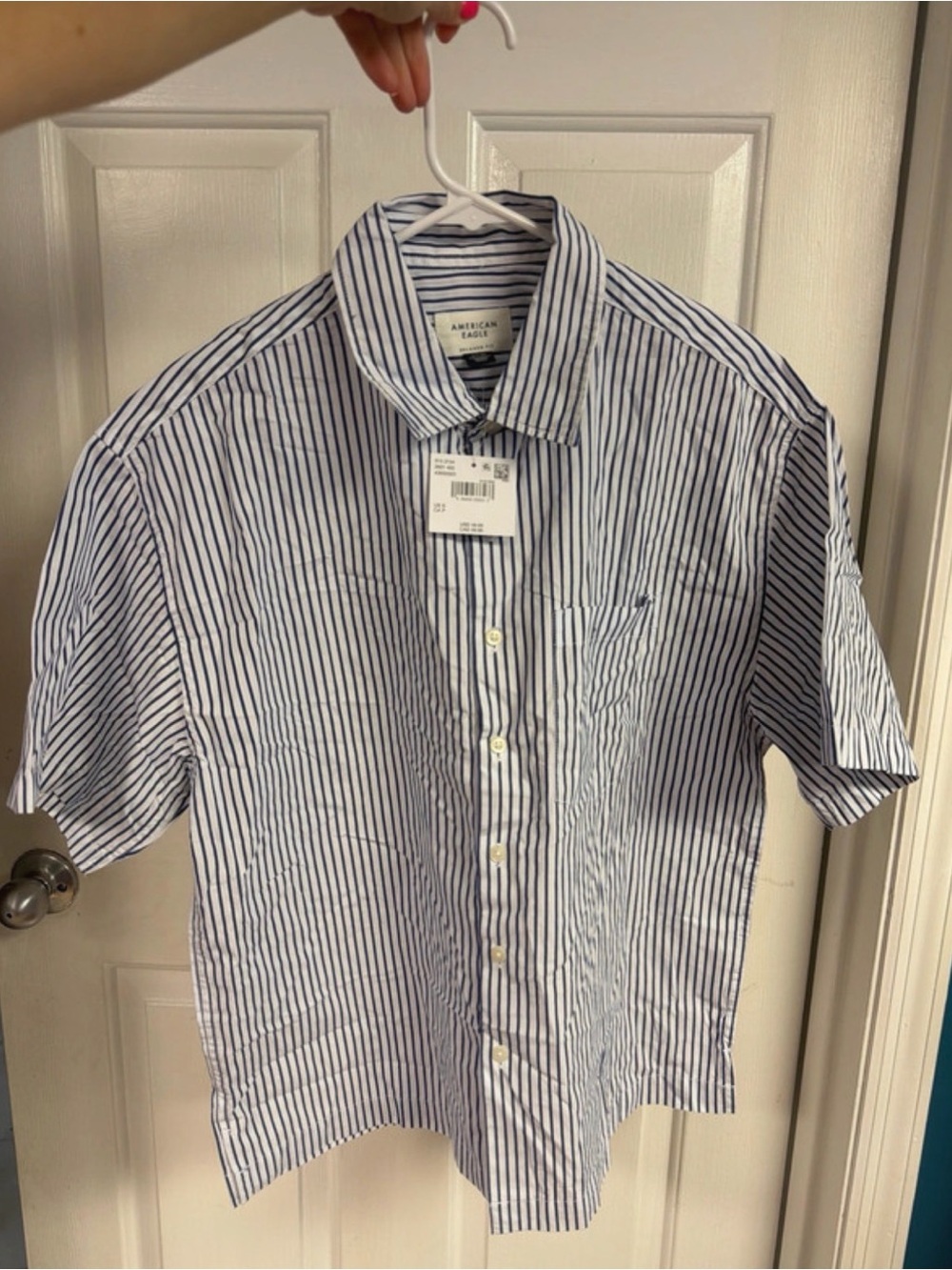 American Eagle Outfitters Blue and White Vertical Stripe Short Sleeve Button-Up